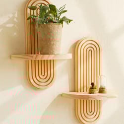 style wooden wall shelves, geometric wall mounted shelves, modern home decor, natural wood finish, plant decorative