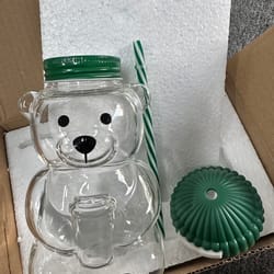 transparent bear shaped coffee mug, cute cartoon bear mug glass cup with straw, creative milk coffee water cup