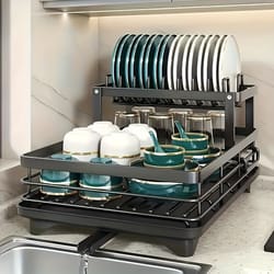 double tier extendable dish drainer, large-capacity utensil rack, kitchen worktop draining board for easy dish