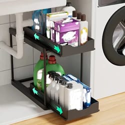under sink organizer, sliding cabinet basket organizer, storage rack with hooks, bathroom kitchen organizer