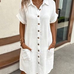 vintage v neck cotton linen mini dress – casual summer three-quarter sleeve holiday style