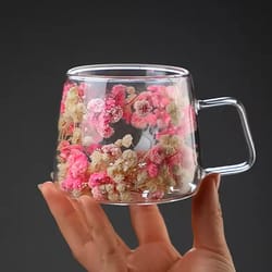200ml double wall glass cup with floral design and handle