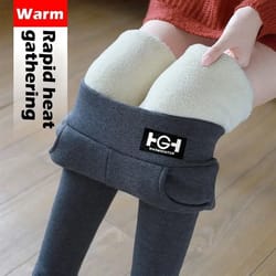 winter warm fleece leggings thick lamb wool high waist slim fit pants with pockets