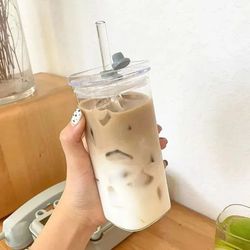 square heat-resistant glass cup with lid and straw – 400ml transparent coffee and milk tea mug for home or bar