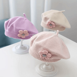 knitted baby beret hat with flower accent – warm toddler girl winter beanie cap