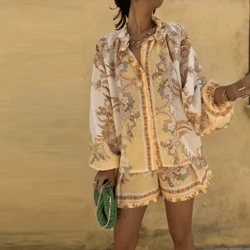 summer getaway high waist print shorts set womens lantern sleeve top and casual vacation outfit