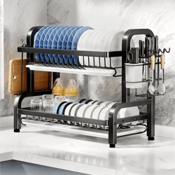 2 tier dish drying rack with drainboard and utensil holder rust proof compact kitchen organizer