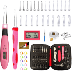 24 piece lighted crochet hook set with ergonomic knitting needles and interchangeable metal heads