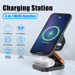 30w 3 in 1 foldable magnetic wireless charger stand for iphone apple watch and airpods