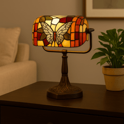 tiffany-style banker's desk lamp with stained glass shade and led bulb