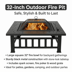 32 square outdoor metal fire pit wood-burning patio heater with mesh cover & poker