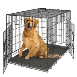 42-inch folding metal dog crate with double doors and leak-proof tray
