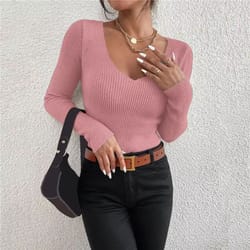 y2k rib knit v-neck pullover – long sleeve autumn winter sweater for women