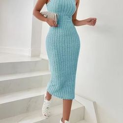 solid halter neck bodycon midi dress slim fit high waist elegant summer dress for women