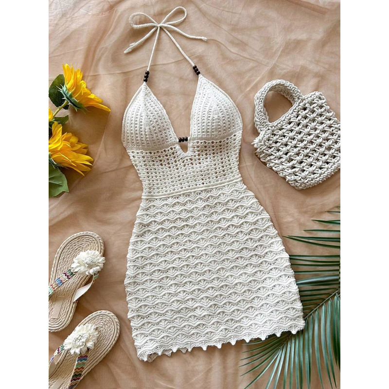 Soleia Summer V-Neck Backless Knitted Dress – Ombre Spaghetti Strap Vacation Dress with Wooden Bead Detail