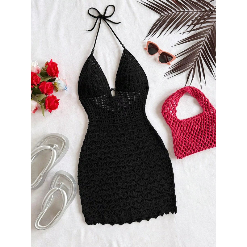 Soleia Summer V-Neck Backless Knitted Dress – Ombre Spaghetti Strap Vacation Dress with Wooden Bead Detail
