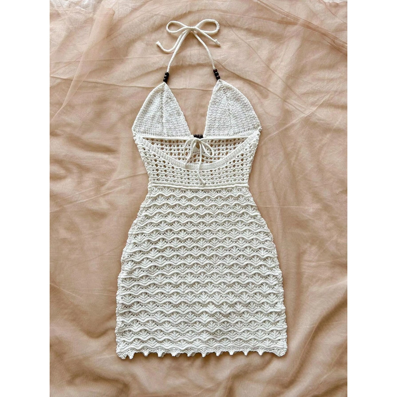 Soleia Summer V-Neck Backless Knitted Dress – Ombre Spaghetti Strap Vacation Dress with Wooden Bead Detail