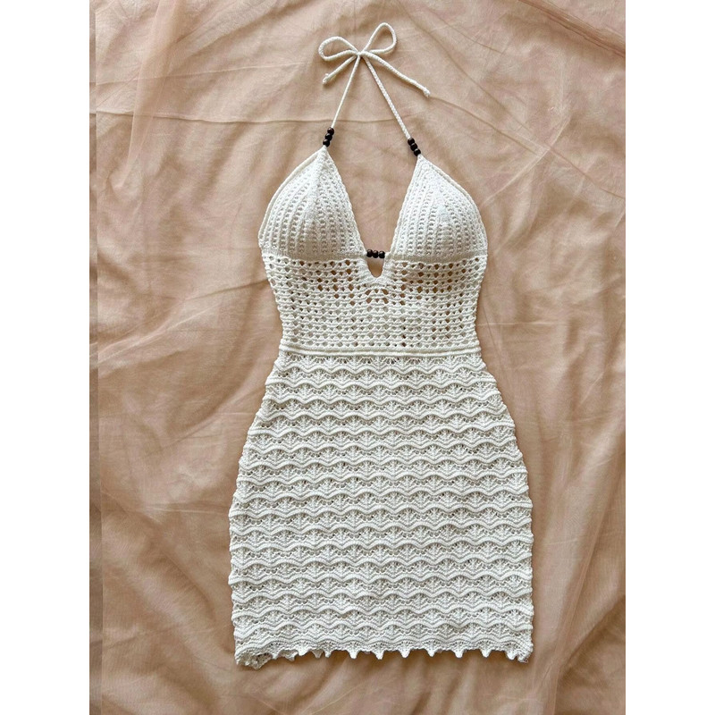 Soleia Summer V-Neck Backless Knitted Dress – Ombre Spaghetti Strap Vacation Dress with Wooden Bead Detail