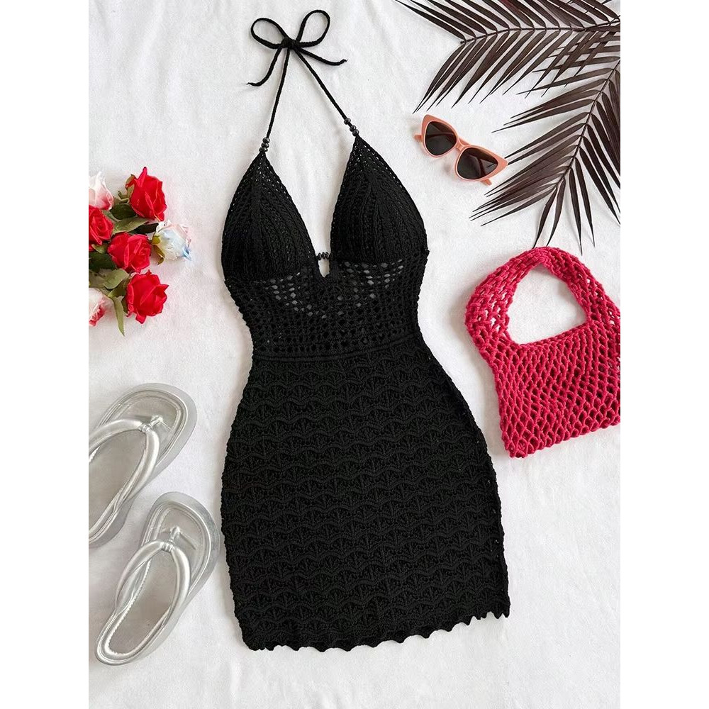 Soleia Summer V-Neck Backless Knitted Dress – Ombre Spaghetti Strap Vacation Dress with Wooden Bead Detail
