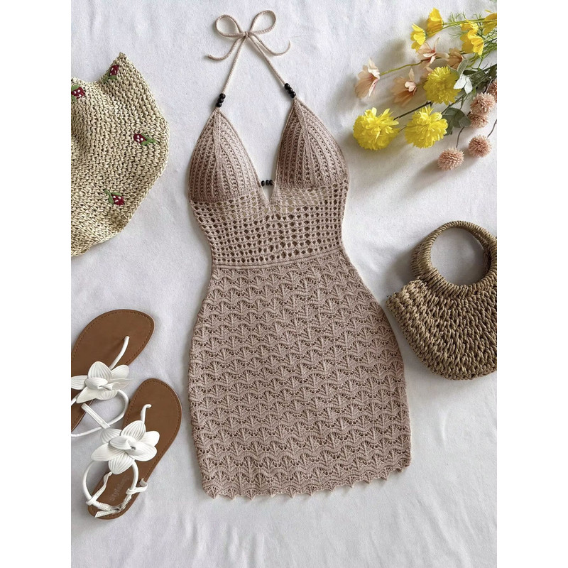 Soleia Summer V-Neck Backless Knitted Dress – Ombre Spaghetti Strap Vacation Dress with Wooden Bead Detail