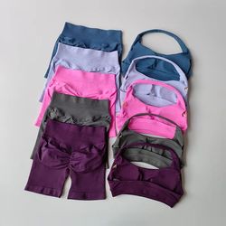 halter peach backless high-waist sports bra & shorts set – yoga / pilates activewear