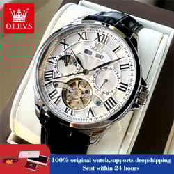 olevs 7013 luxury automatic mechanical watch for men – moon phase, skeleton flywheel, waterproof