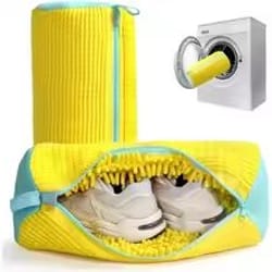 durable shoe washing machine bag – yellow with blue zipper, universal laundry bag for sneakers & casual shoes
