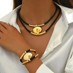 vintage oval metal faux leather necklace bracelet set for women