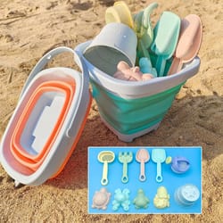 folding beach sand & water play set with bucket – outdoor summer toy for kids