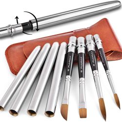 travel watercolor brushes – round extra-long synthetic sable pocket brushes with protective handle case