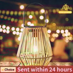 waterproof solar rattan lantern with hanging bamboo weave for garden, patio & courtyard decor