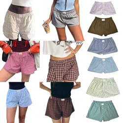 womens y2k retro plaid elastic low waist button front lounge shorts