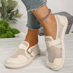womens casual mesh flats with buckle and low heel
