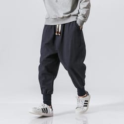 mens cotton linen harem pants casual baggy drop crotch joggers with elastic waist