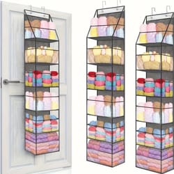 door mounted yarn storage organizer for knitting and crochet with transparent bags and hooks