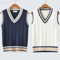 mens thick knitted v neck sweater vest retro striped casual pullover