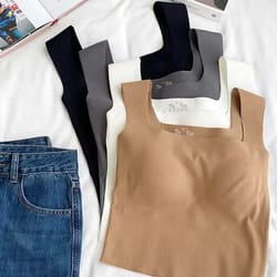 wide shoulder square neck seamless camisole vest with fixed cup for women