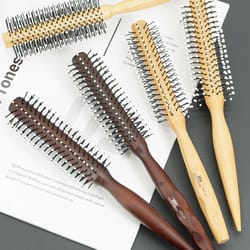 natural wood handle round barrel hair comb anti static brush for styling and blow drying