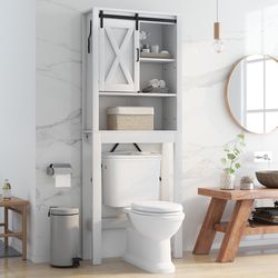 3 tier wooden bathroom cabinet with sliding barn door & adjustable shelves