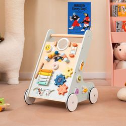 wooden baby walker with wheels, push & pull learning toy & activity center