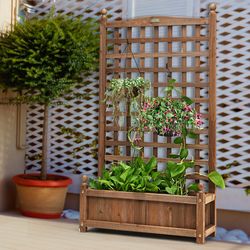 solid free-standing wood planter box with trellis for garden, outdoor fir wood planter