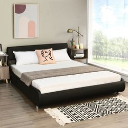 modern faux leather platform bed, full size with adjustable upholstered headboard