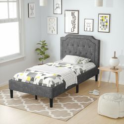 modern twin upholstered platform bed, linen fabric, built-in headboard & mattress foundation