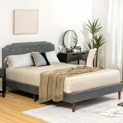full upholstered bed frame with adjustable diamond button headboard, luxe faux crystal design