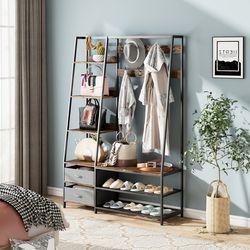 entryway hall tree coat rack 6 in 1 organizer with bench, shoe rack & 2 fabric dressers for entry storage