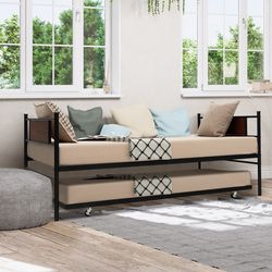 twin size 2 in 1 daybed frame with pullout trundle, steel & mdf sofa bed