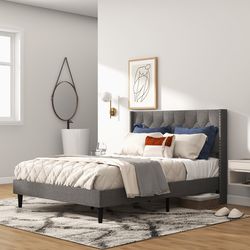 button-tufted upholstered platform bed, full/queen size with elegant headboard