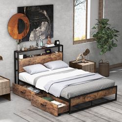 full/queen bed frame with 2 storage drawers and charging station, heavy duty metal platform with headboard and usb ports