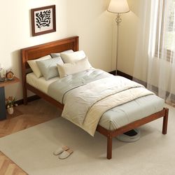 twin full queen size bed frame with wooden headboard and slat support, solid platform base with storage space