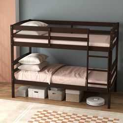 solid wood twin over twin bunk bed frame with guardrails & ladder – convertible kids bed for bedroom or guest room